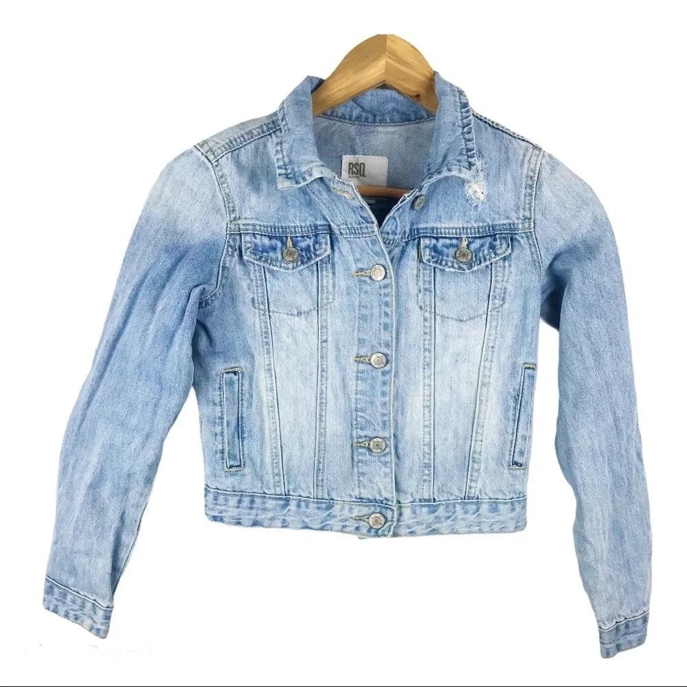 RSQ Collective Girls Crop Light Wash Denim Jacket Distressed Size Medium M